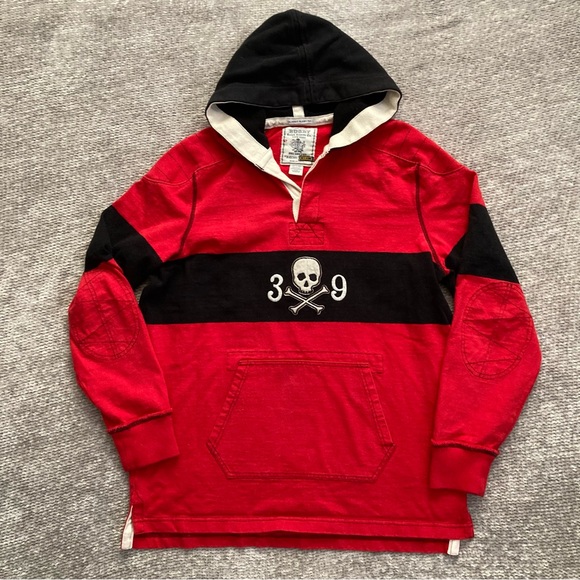 Vintage Ralph Lauren Rugby Skull Hoodie L Red Black Pirate Prep